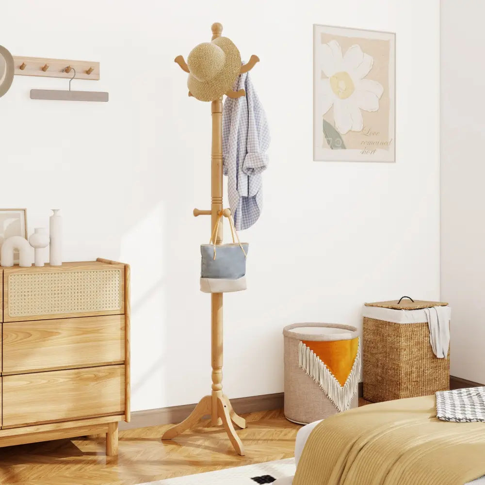 Solid Wood Hall Tree with 11 Hooks and 3 Height Options for Entryway-Natural - Natural - Coat Racks & Hall Trees