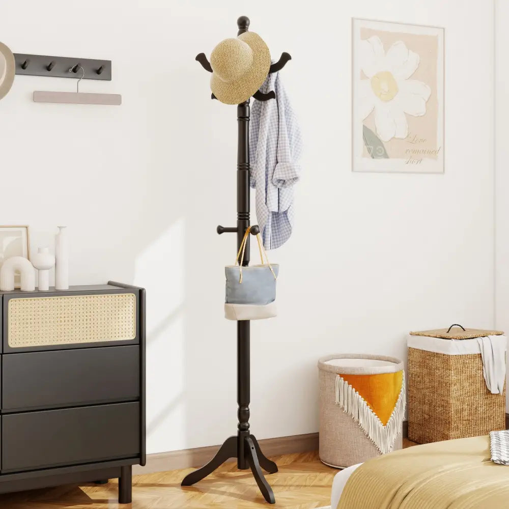 Solid Wood Hall Tree with 11 Hooks and 3 Height Options for Entryway-Black - Black - Coat Racks & Hall Trees