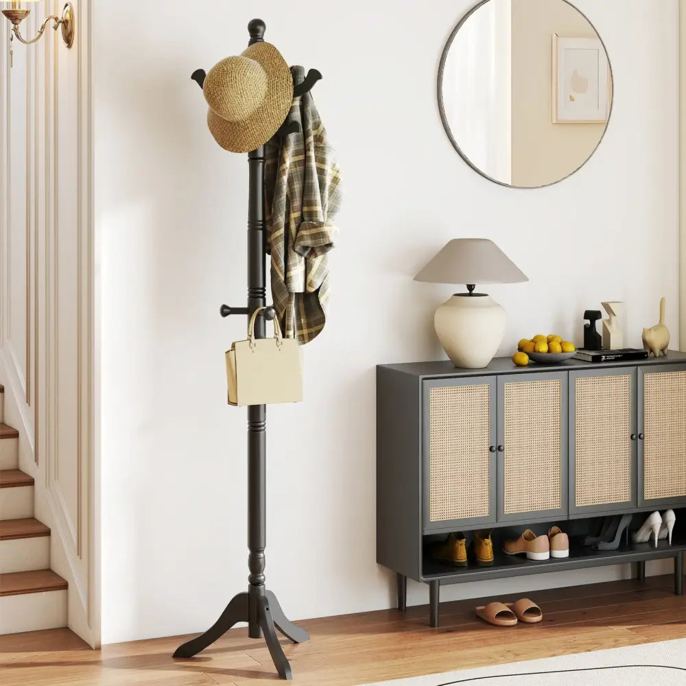 Solid Wood Hall Tree with 11 Hooks and 3 Height Options for Entryway-Black - Black - Coat Racks & Hall Trees