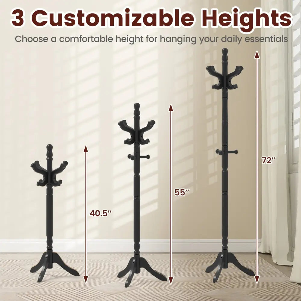 Solid Wood Hall Tree with 11 Hooks and 3 Height Options for Entryway-Black - Black - Coat Racks & Hall Trees