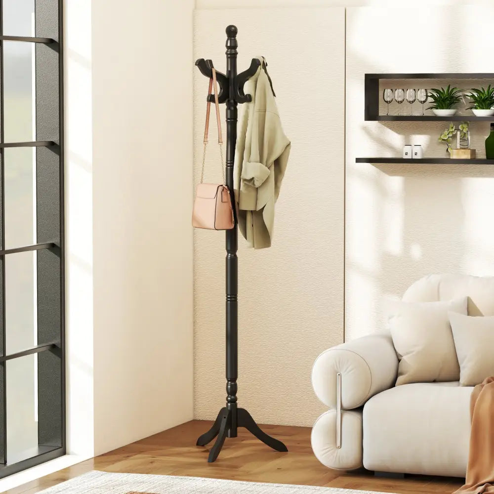 Solid Wood Hall Tree with 11 Hooks and 3 Height Options for Entryway-Black - Black - Coat Racks & Hall Trees