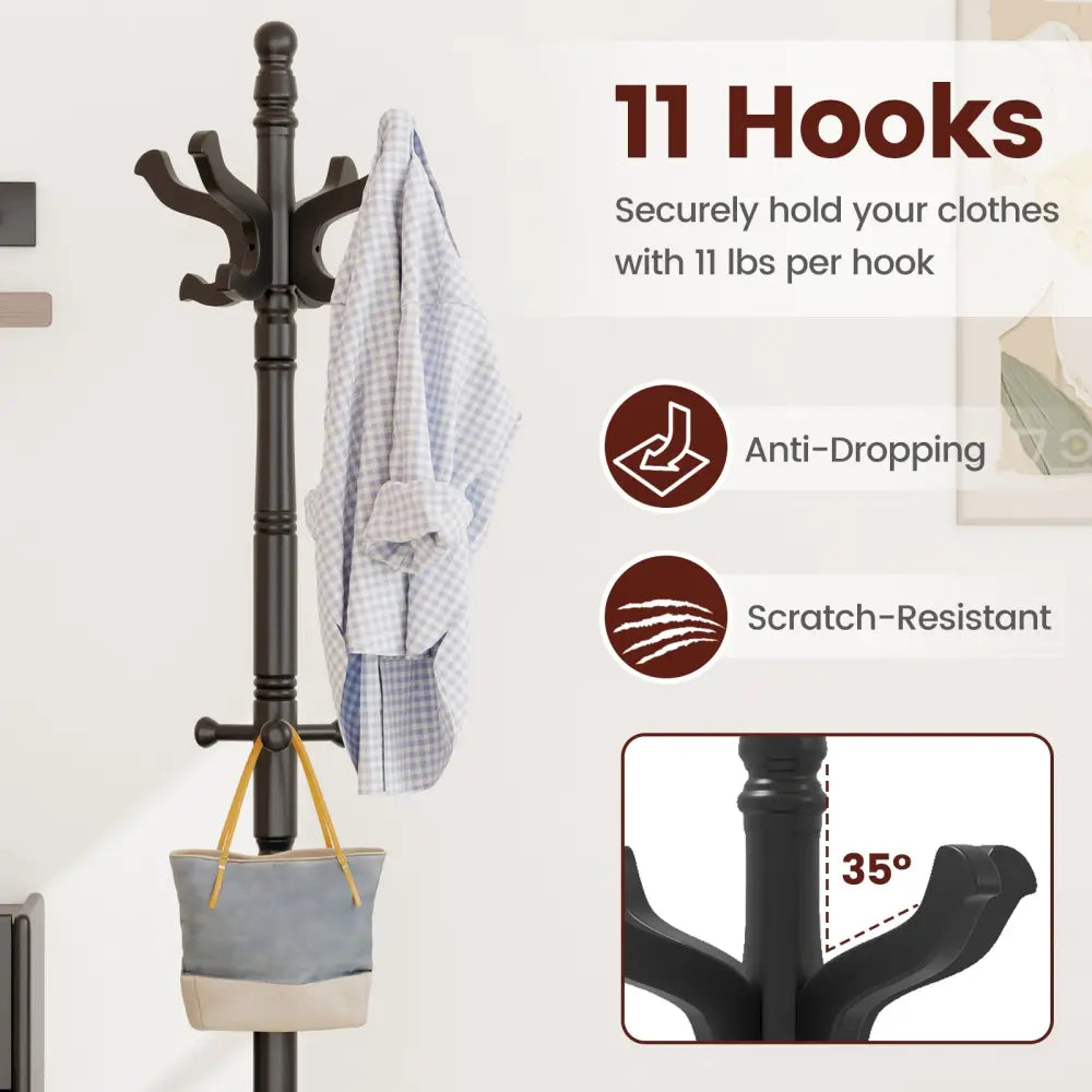 Solid Wood Hall Tree with 11 Hooks and 3 Height Options for Entryway-Black - Black - Coat Racks & Hall Trees