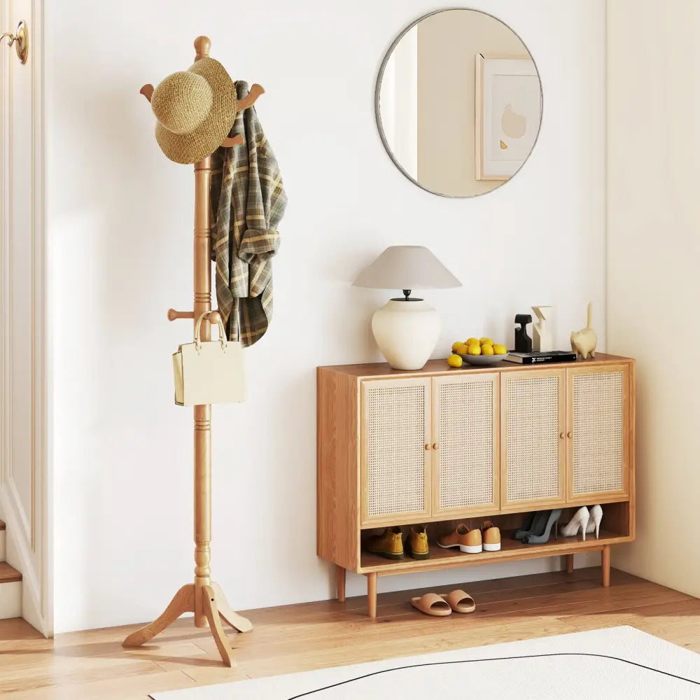 Solid Wood Hall Tree with 11 Hooks and 3 Height Options for Entryway-Natural - Natural - Coat Racks & Hall Trees