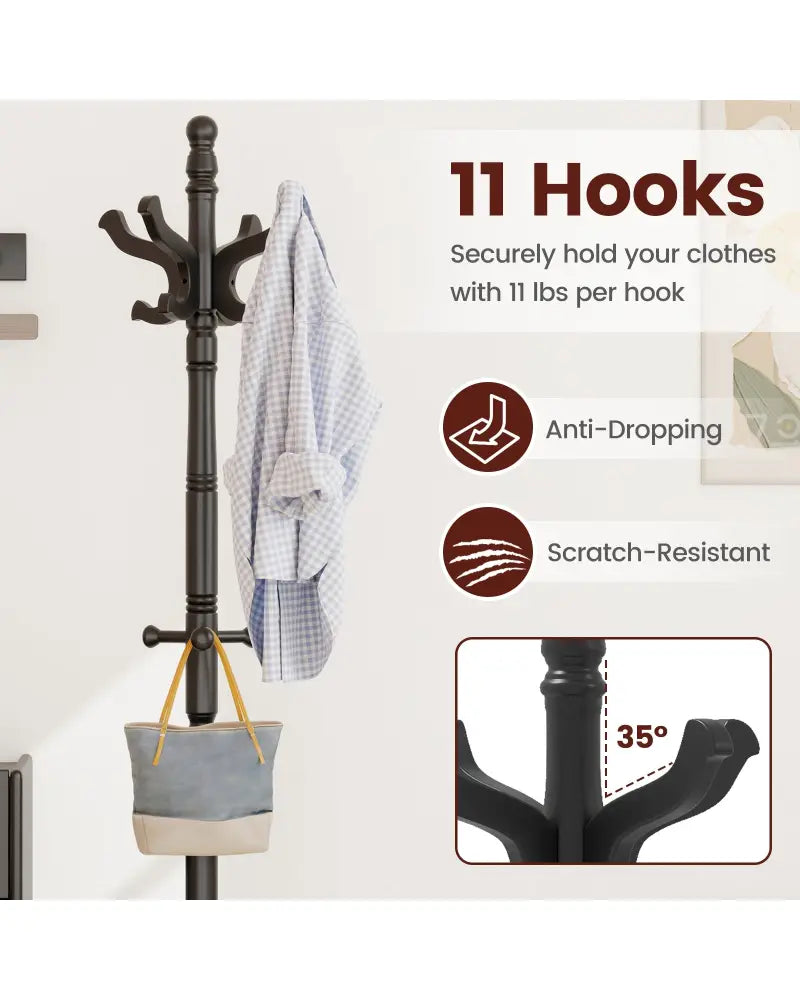 Solid Wood Hall Tree with 11 Hooks and 3 Height Options for Entryway-Black - Black - Coat Racks & Hall Trees