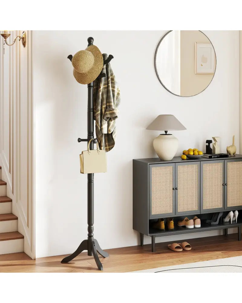 Solid Wood Hall Tree with 11 Hooks and 3 Height Options for Entryway-Black - Black - Coat Racks & Hall Trees