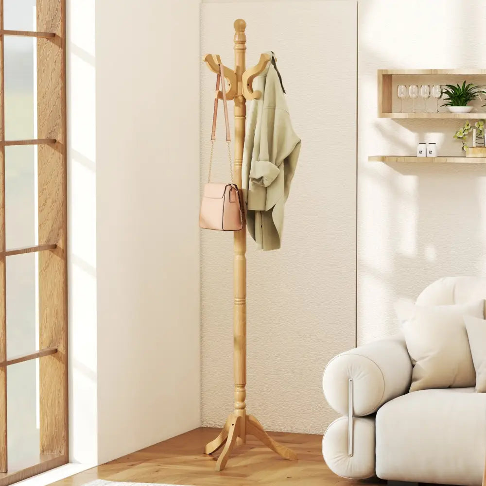 Solid Wood Hall Tree with 11 Hooks and 3 Height Options for Entryway-Natural - Natural - Coat Racks & Hall Trees