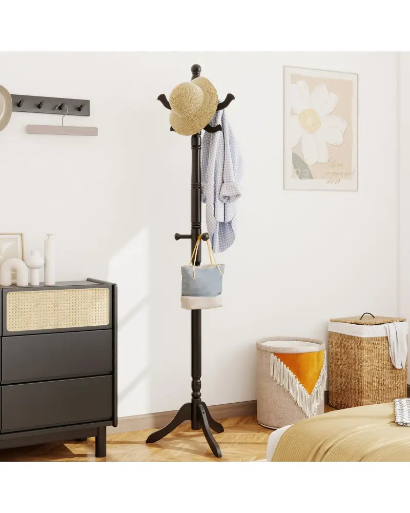 Solid Wood Hall Tree with 11 Hooks and 3 Height Options for Entryway-Black - Black - Coat Racks & Hall Trees