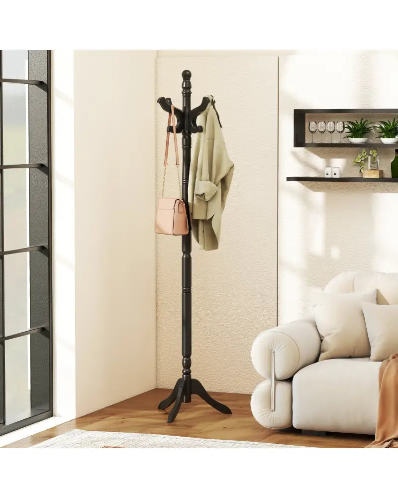 Solid Wood Hall Tree with 11 Hooks and 3 Height Options for Entryway-Black - Black - Coat Racks & Hall Trees