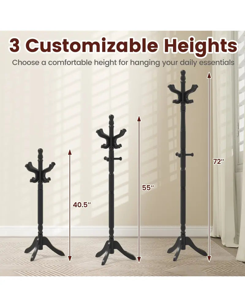 Solid Wood Hall Tree with 11 Hooks and 3 Height Options for Entryway-Black - Black - Coat Racks & Hall Trees