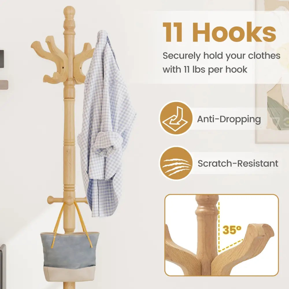 Solid Wood Hall Tree with 11 Hooks and 3 Height Options for Entryway-Natural - Natural - Coat Racks & Hall Trees