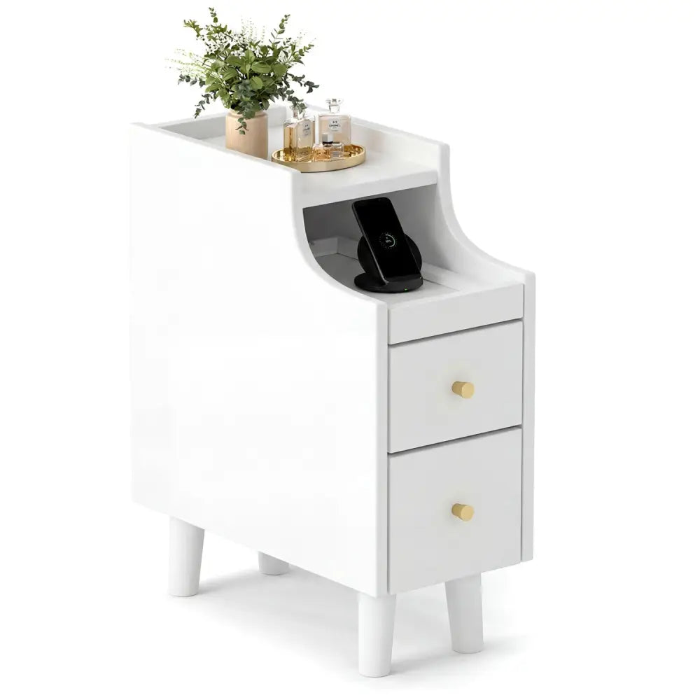 Solid Wood Night Side Table Narrow Bedside Table Nightstand with Pull-out Tray and 2 Storage Drawers-White - White