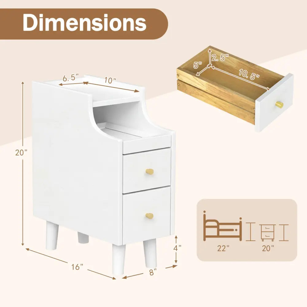 Solid Wood Night Side Table Narrow Bedside Table Nightstand with Pull-out Tray and 2 Storage Drawers-White - White