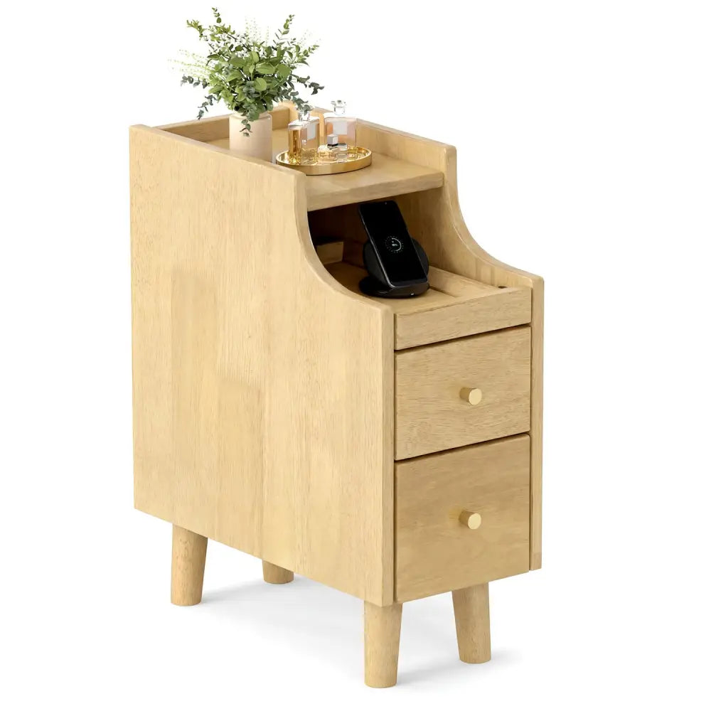 Solid Wood Night Side Table Narrow Bedside Table Nightstand with Pull-out Tray and 2 Storage Drawers-Natural - Natural