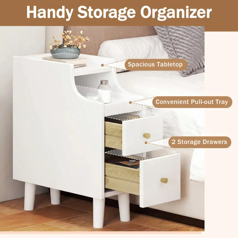 Solid Wood Night Side Table Narrow Bedside Table Nightstand with Pull-out Tray and 2 Storage Drawers-White - White