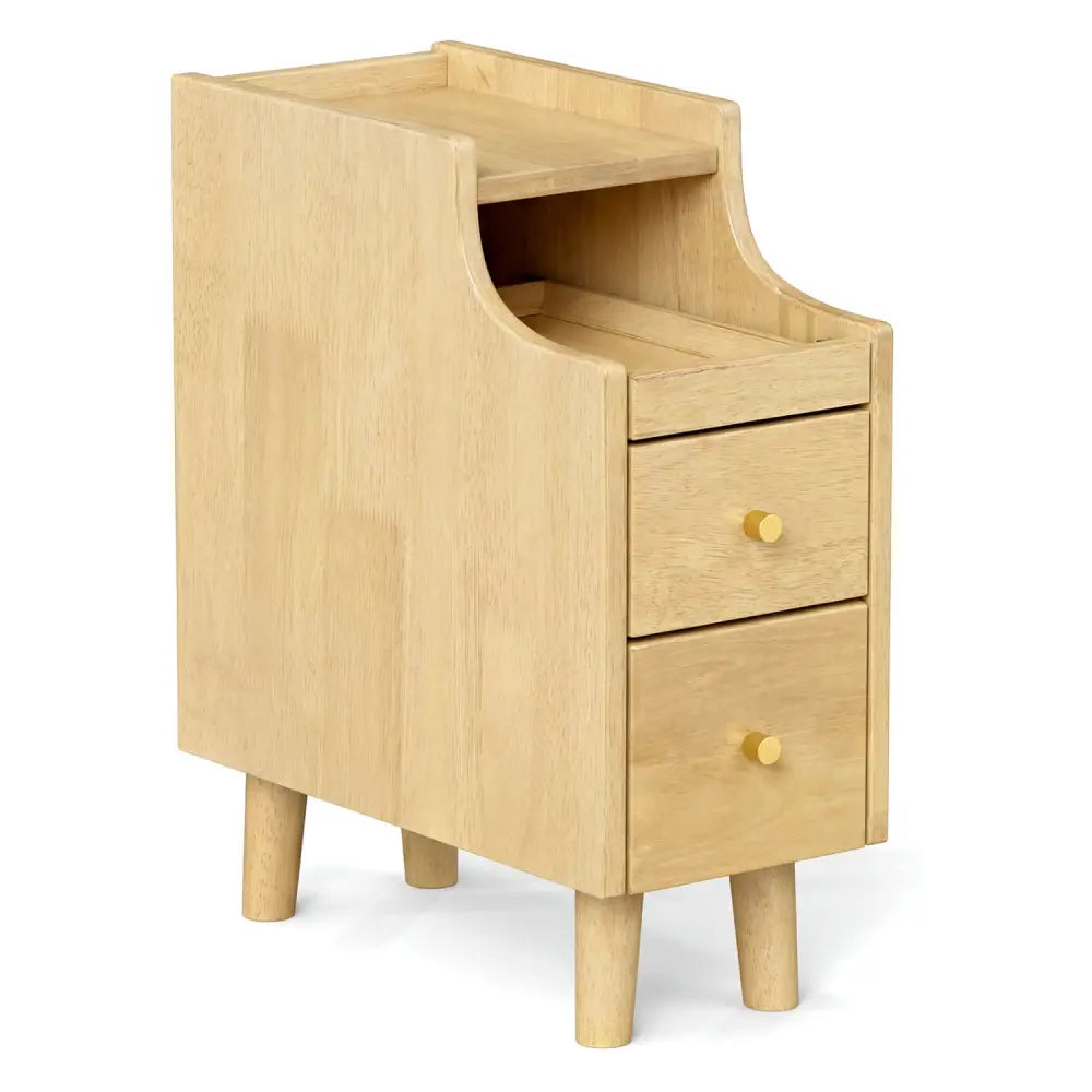 Solid Wood Night Side Table Narrow Bedside Table Nightstand with Pull-out Tray and 2 Storage Drawers-Natural - Natural