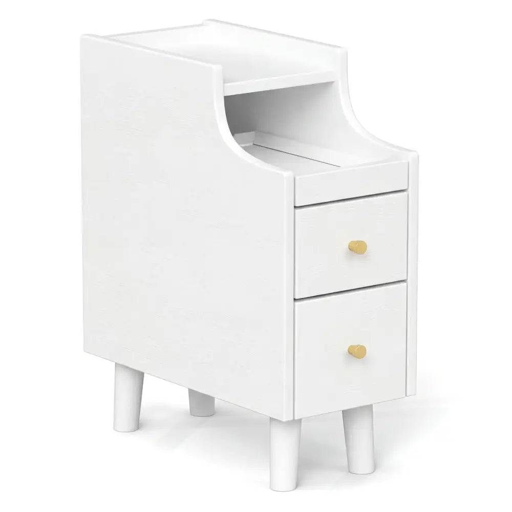 Solid Wood Night Side Table Narrow Bedside Table Nightstand with Pull-out Tray and 2 Storage Drawers-White - White