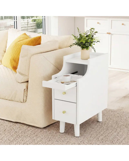 Solid Wood Night Side Table Narrow Bedside Table Nightstand with Pull-out Tray and 2 Storage Drawers-White - White