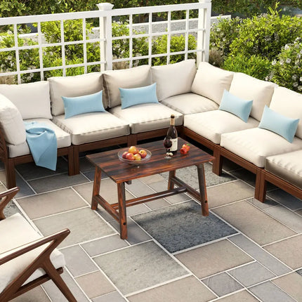 Solid Wood Patio Table with Slatted Tabletop for Garden Lawn Porch Balcony Poolside Living Room-Brown - Brown - Patio