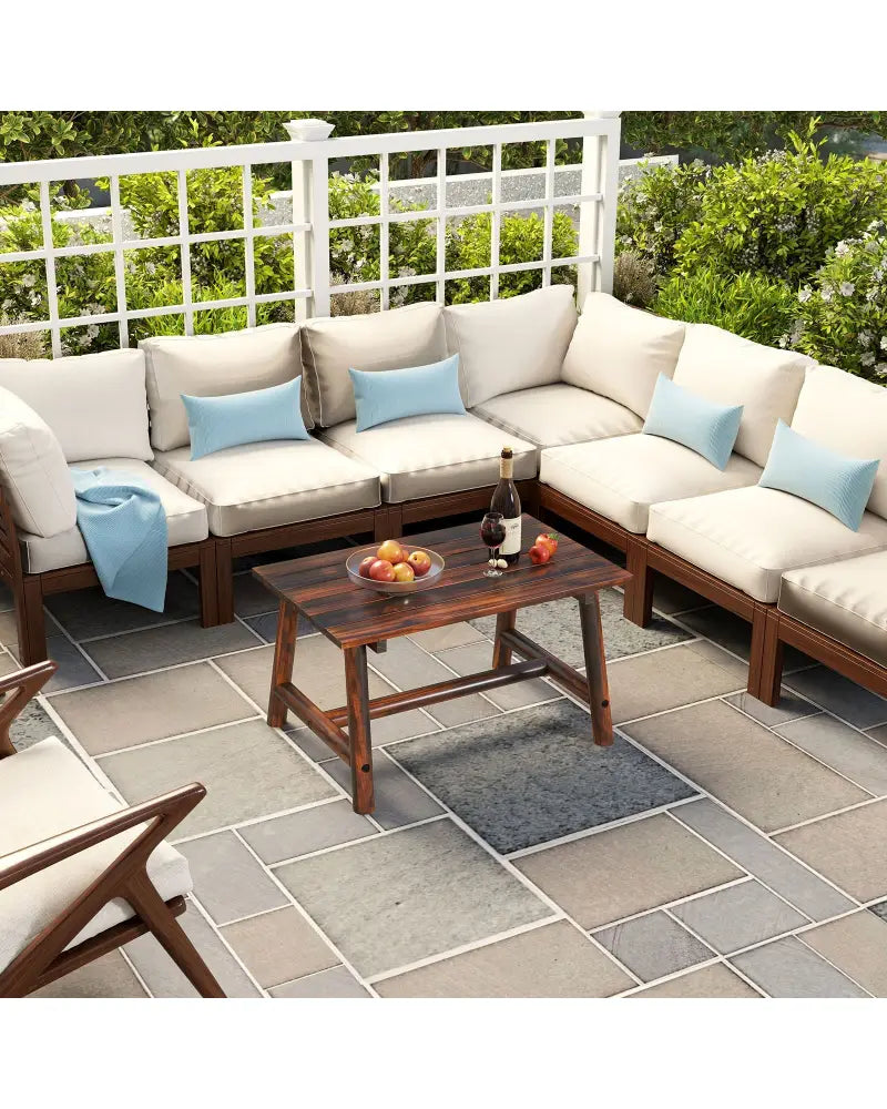 Solid Wood Patio Table with Slatted Tabletop for Garden Lawn Porch Balcony Poolside Living Room-Brown - Brown - Patio