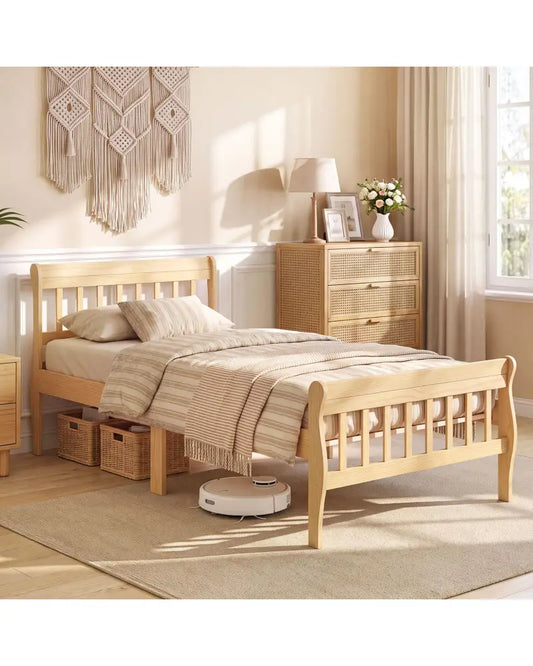 Solid Wood Platform Bed Frame with Headboard Wood Slat Support Natural-Twin Size - Natural - Simple Bed Frame