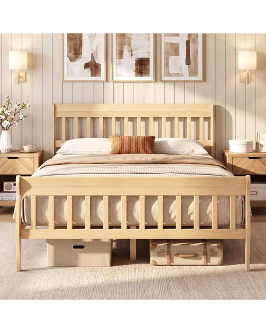 Solid Wood Platform Bed Frame with Headboard Wood Slat Support Natural-Full Size - Natural - Simple Bed Frame