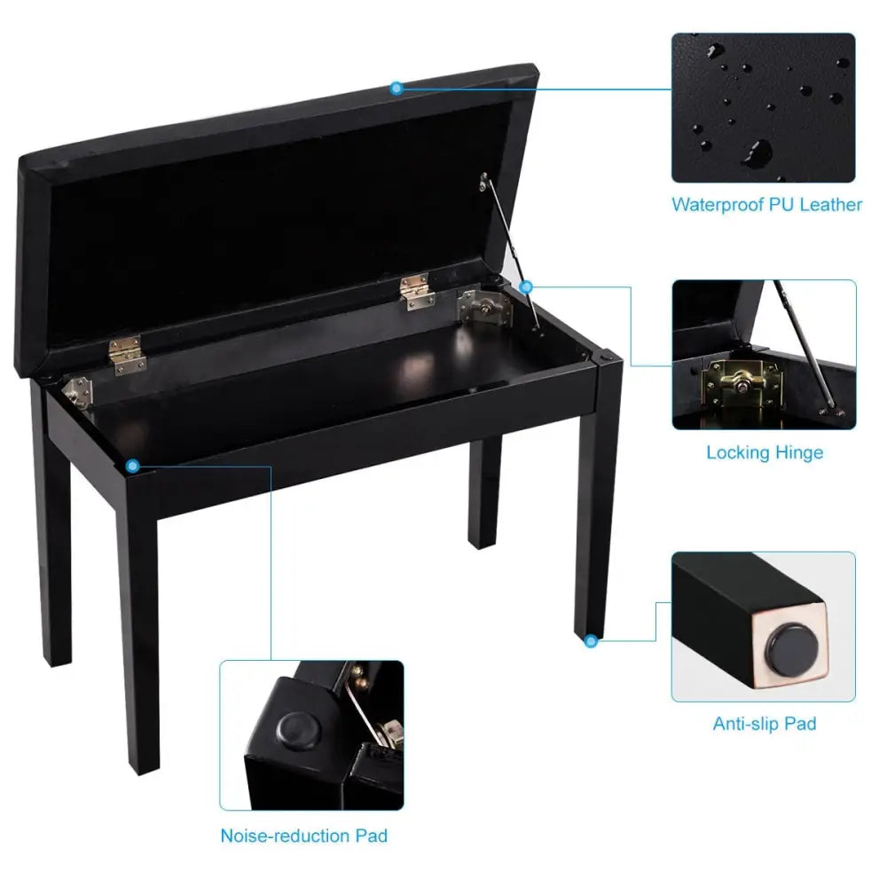 Solid Wood PU Leather Padded Piano Bench Keyboard Seat-Black - Black - Ottomans
