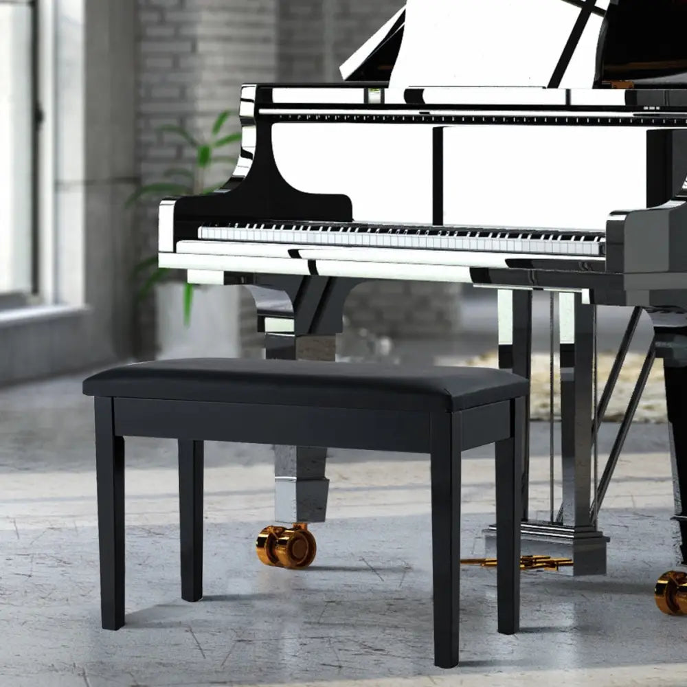 Solid Wood PU Leather Padded Piano Bench Keyboard Seat-Black - Black - Ottomans