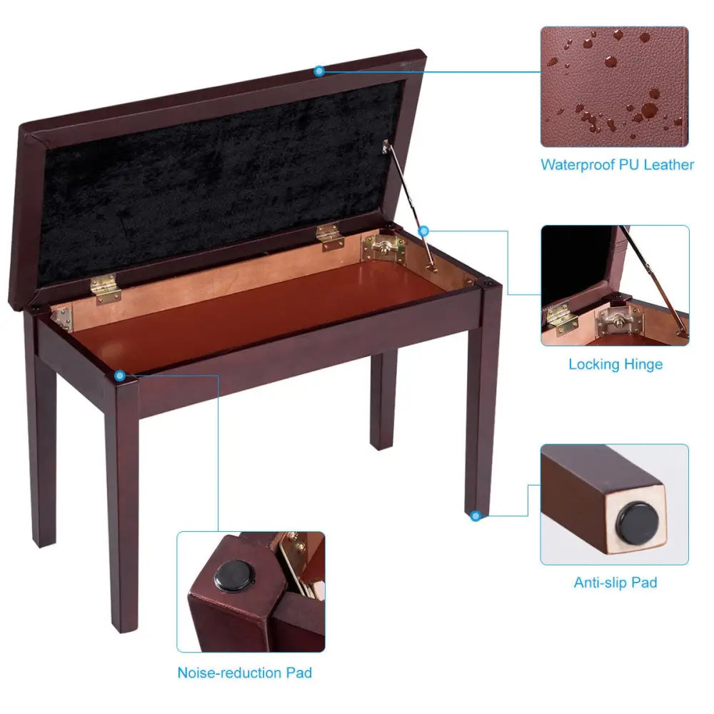 Solid Wood PU Leather Padded Piano Bench Keyboard Seat-Brown - Brown - Ottomans