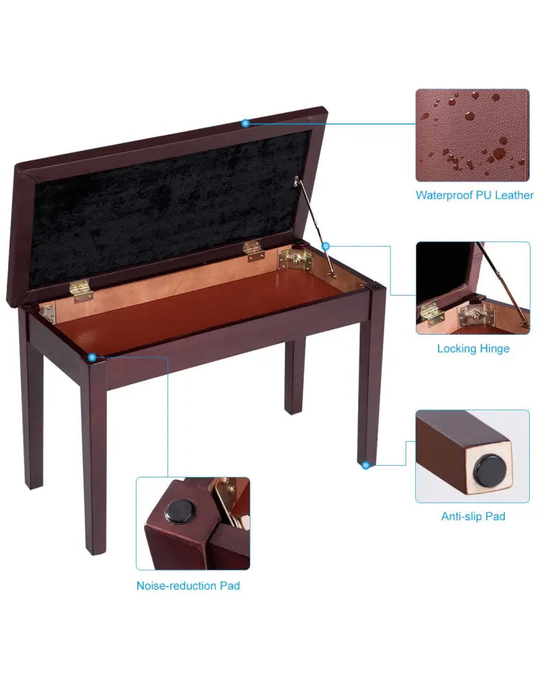 Solid Wood PU Leather Padded Piano Bench Keyboard Seat-Brown - Brown - Ottomans