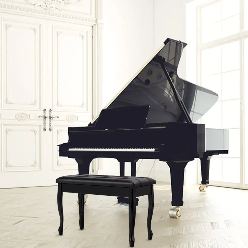 Solid Wood PU Leather Piano Bench with Storage-Black - Black - Ottomans