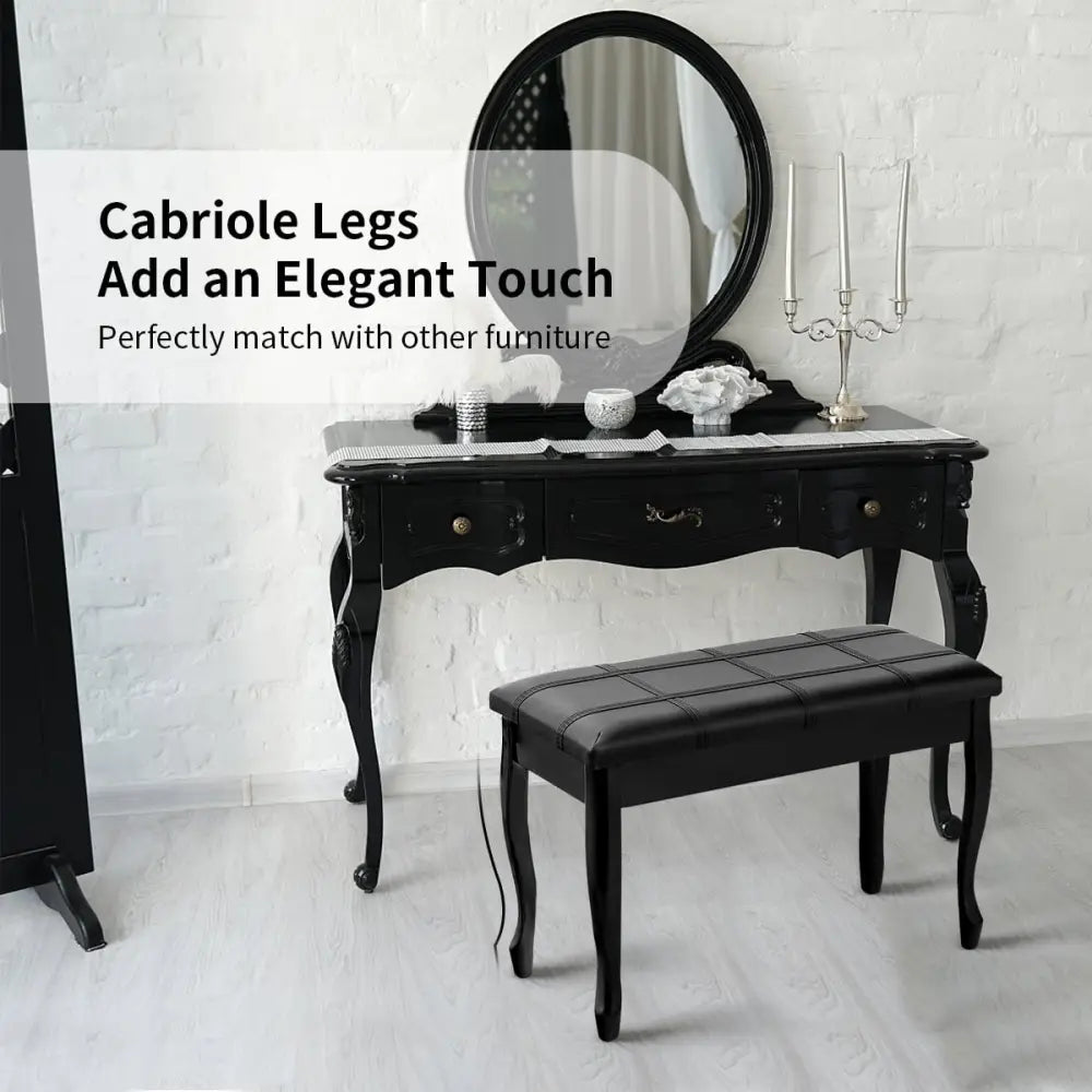 Solid Wood PU Leather Piano Bench with Storage-Black - Black - Ottomans