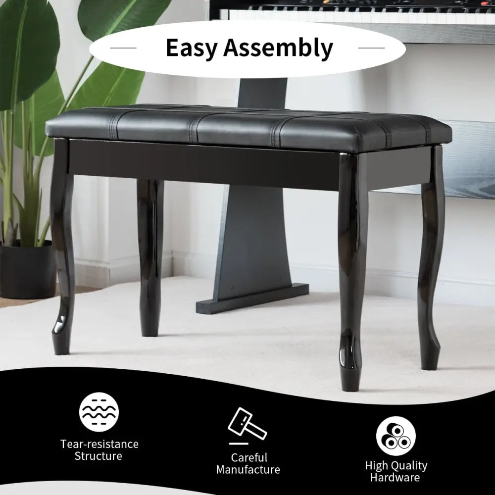 Solid Wood PU Leather Piano Bench with Storage-Black - Black - Ottomans