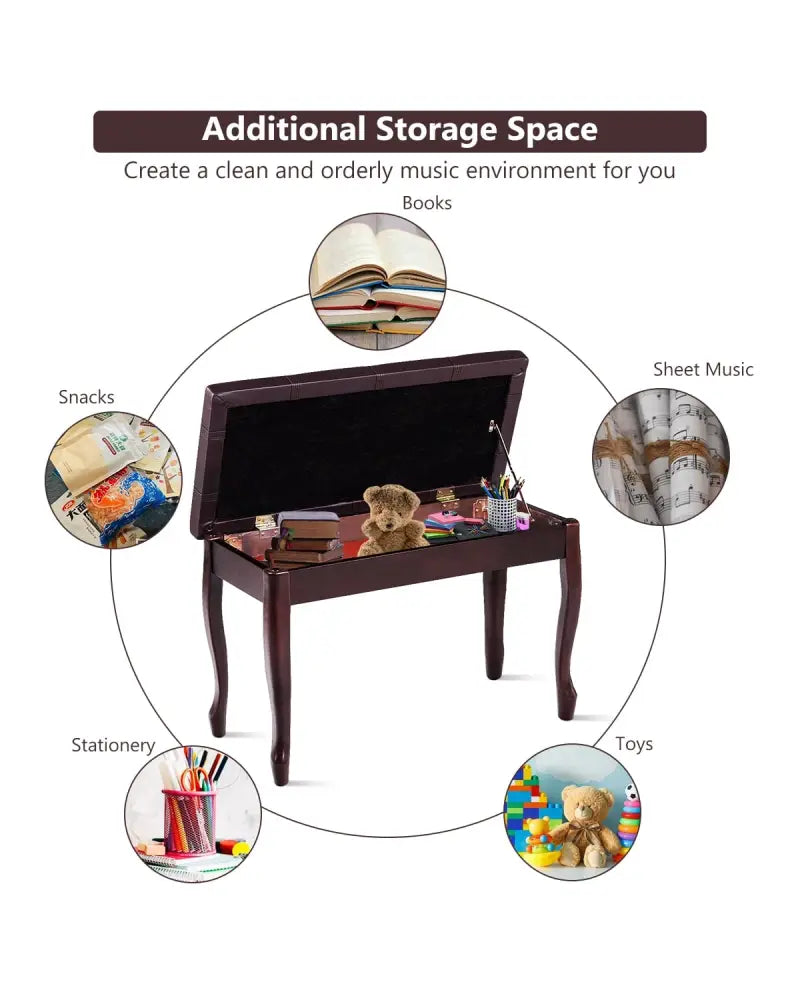 Solid Wood PU Leather Piano Bench with Storage-Brown - Brown - Ottomans