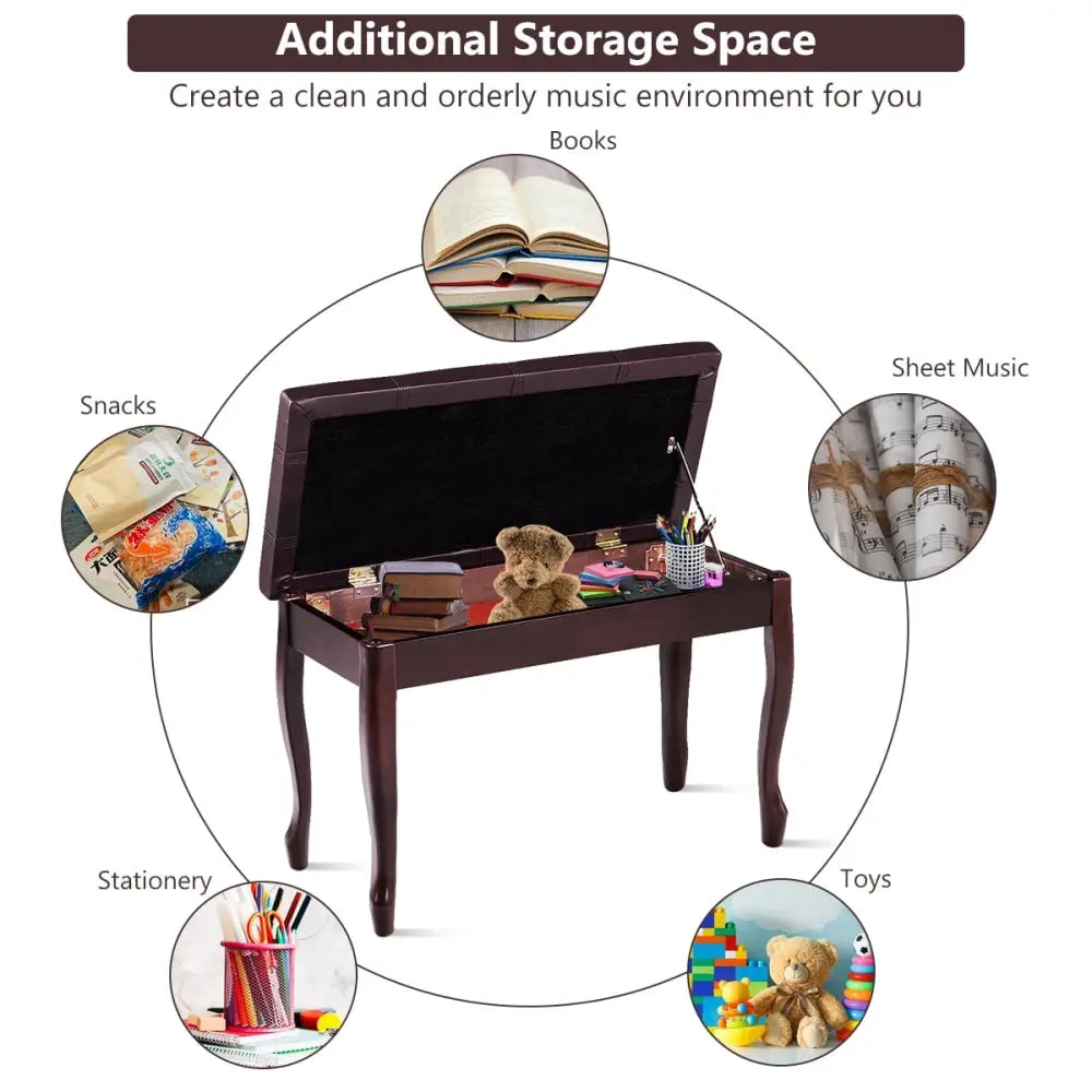 Solid Wood PU Leather Piano Bench with Storage-Brown - Brown - Ottomans