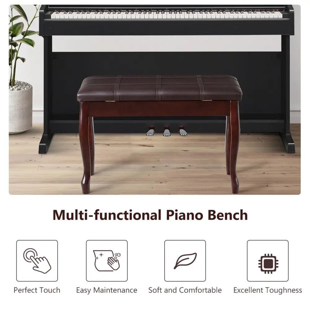 Solid Wood PU Leather Piano Bench with Storage-Brown - Brown - Ottomans