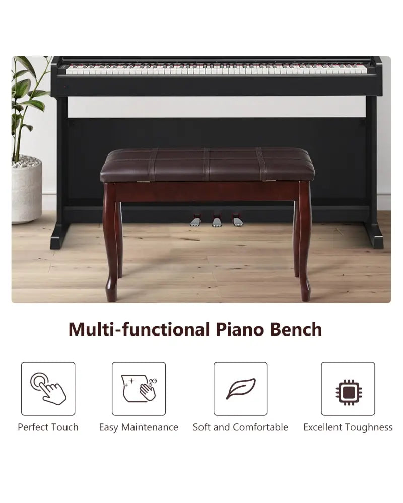 Solid Wood PU Leather Piano Bench with Storage-Brown - Brown - Ottomans
