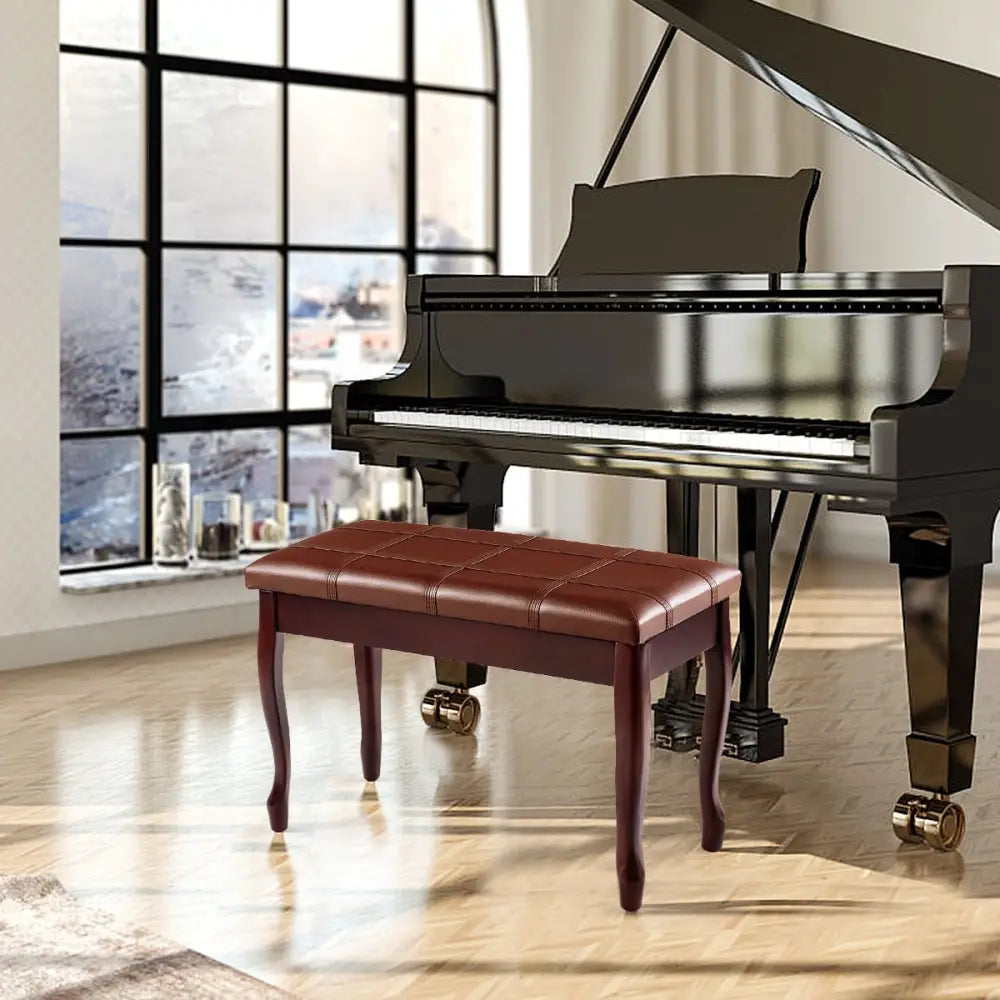 Solid Wood PU Leather Piano Bench with Storage-Brown - Brown - Ottomans