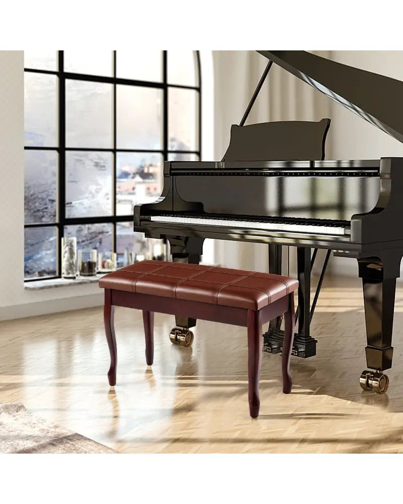 Solid Wood PU Leather Piano Bench with Storage-Brown - Brown - Ottomans