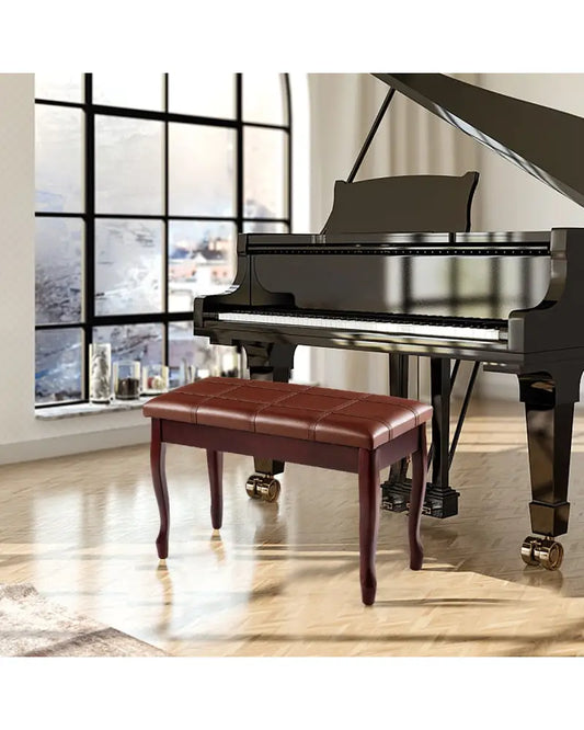 Solid Wood PU Leather Piano Bench with Storage-Brown - Brown - Ottomans