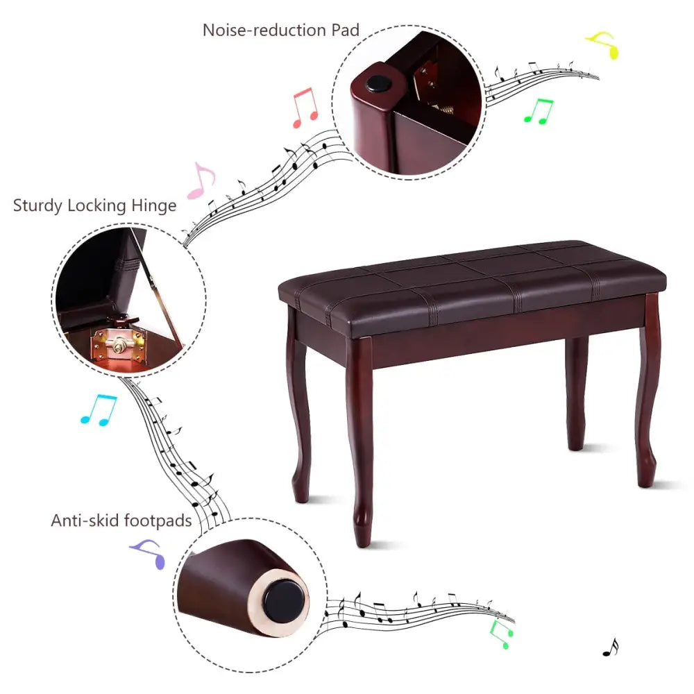 Solid Wood PU Leather Piano Bench with Storage-Brown - Brown - Ottomans