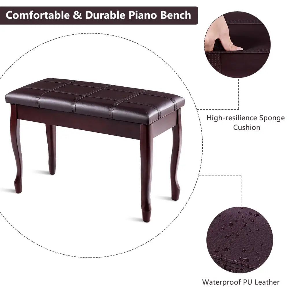 Solid Wood PU Leather Piano Bench with Storage-Brown - Brown - Ottomans