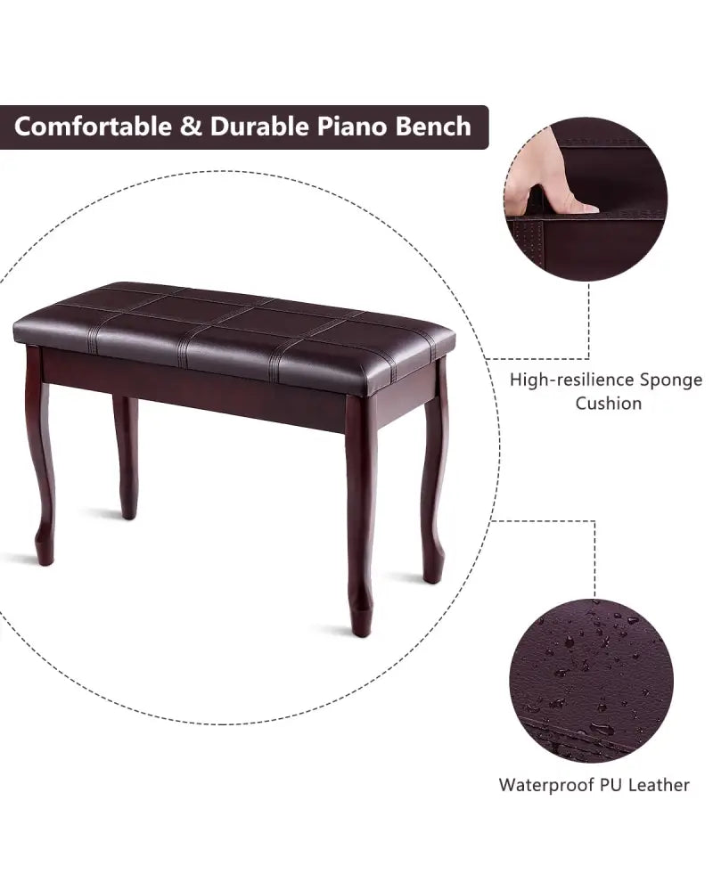 Solid Wood PU Leather Piano Bench with Storage-Brown - Brown - Ottomans