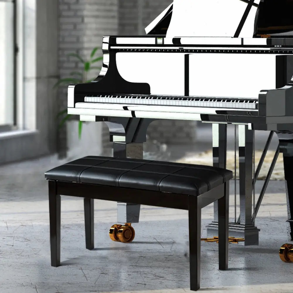 Solid Wood PU Leather Piano Double Duet Keyboard Bench-Black - Black - Ottomans