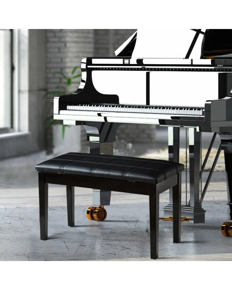 Solid Wood PU Leather Piano Double Duet Keyboard Bench-Black - Black - Ottomans