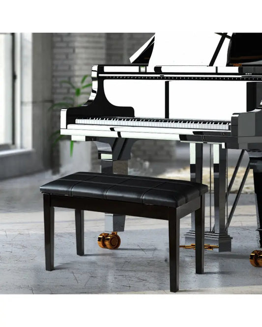 Solid Wood PU Leather Piano Double Duet Keyboard Bench-Black - Black - Ottomans