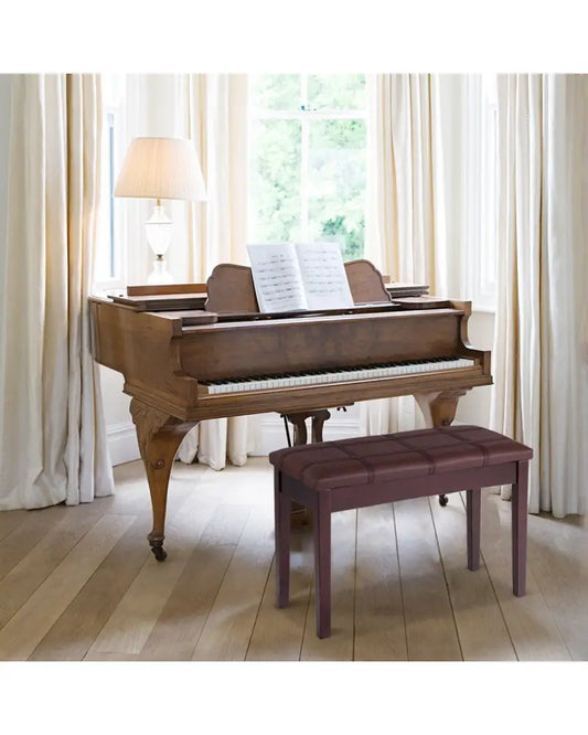 Solid Wood PU Leather Piano Double Duet Keyboard Bench-Brown - Brown - Ottomans