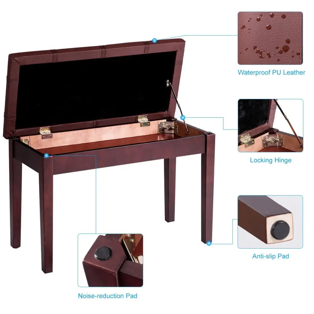 Solid Wood PU Leather Piano Double Duet Keyboard Bench-Brown - Brown - Ottomans