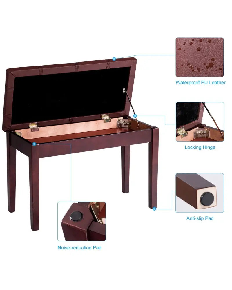 Solid Wood PU Leather Piano Double Duet Keyboard Bench-Brown - Brown - Ottomans