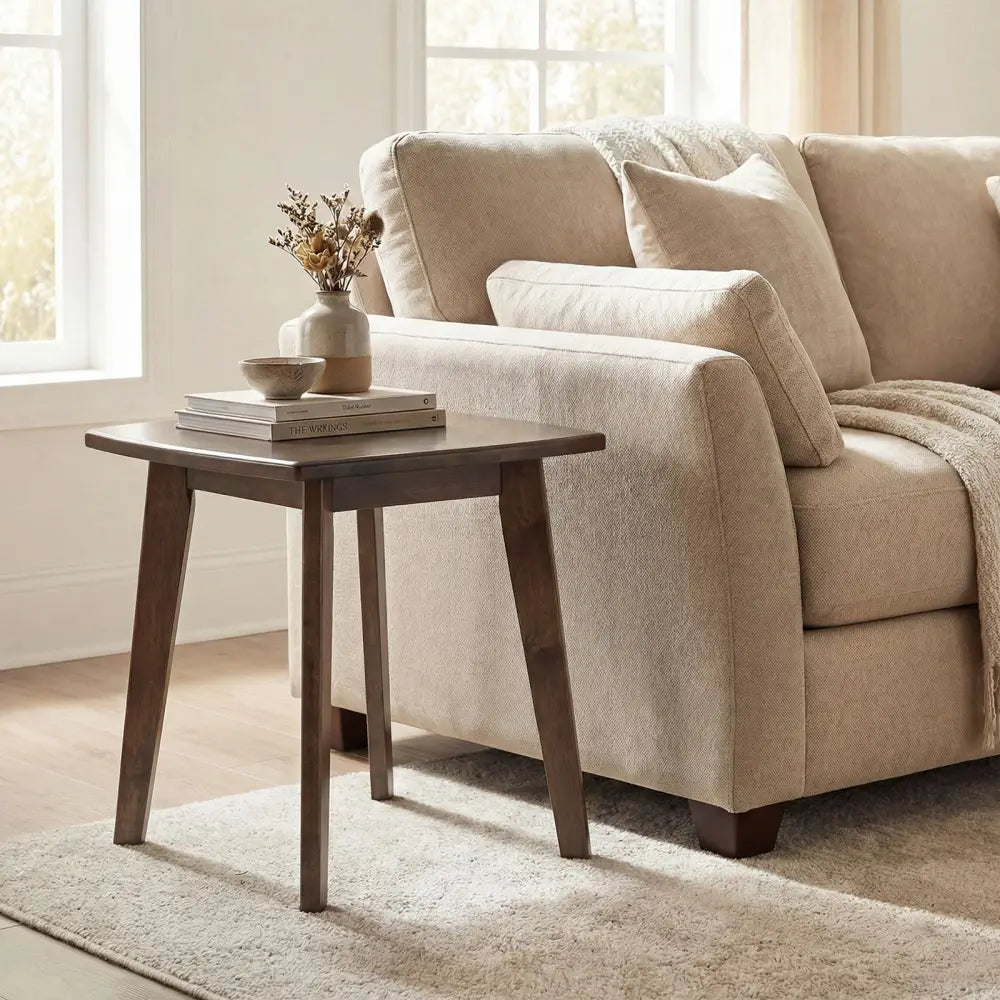 Solid Wood Side Table Square End Table with Thickened Top and Curved Edge-Walnut - Walnut - End & Side Tables