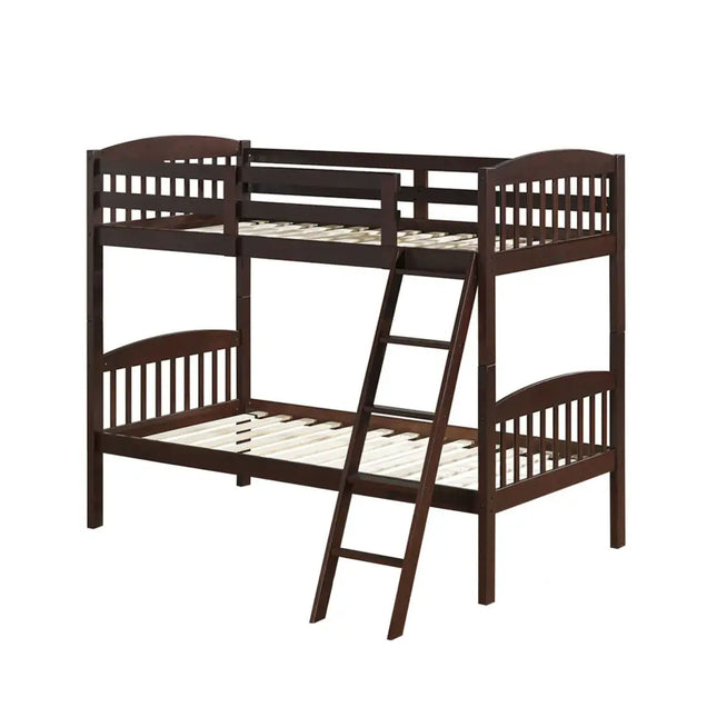 Solid Wood Twin Bunk Beds with Detachable Ladder-Coffee - Brown - Bunk Bed Frame